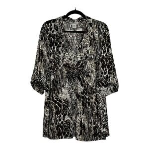 Rebecca Malone Woman Animal Print Tunic Top 2X Black Brown Split Neck Tab Sleeve